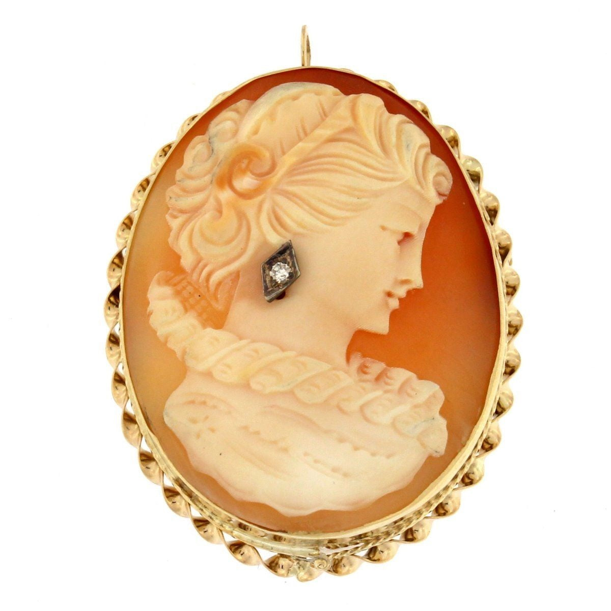 Estate Solid 14k Yellow Gold Diamond Shell Cameo Victorian Brooch