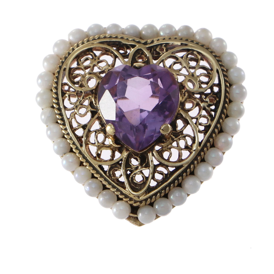 3.66CT Heart Shape Amethyst Seed Pearl Brooch Pin 14k Yellow Gold