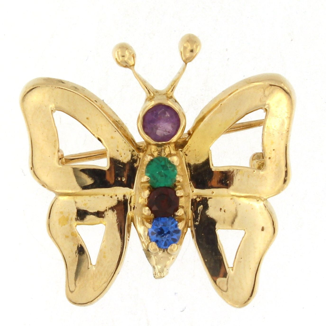 Butterfly Brooch with Blue, Red, Green, and Purple Stones 14k Yellow Gold