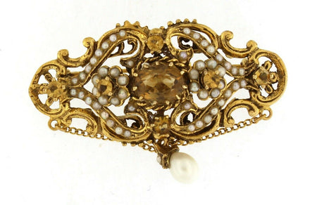 Vintage Brooch with Quartz Stones and Cultured Pearls 14k Yellow Gold