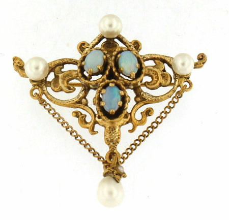 Brooch/Pendant with Opals and Pearls 14k Yellow Gold