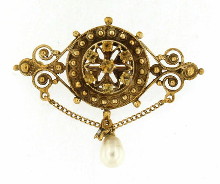 Brooch with Citrine Stones and Dangling Pearl 14k Yellow Gold