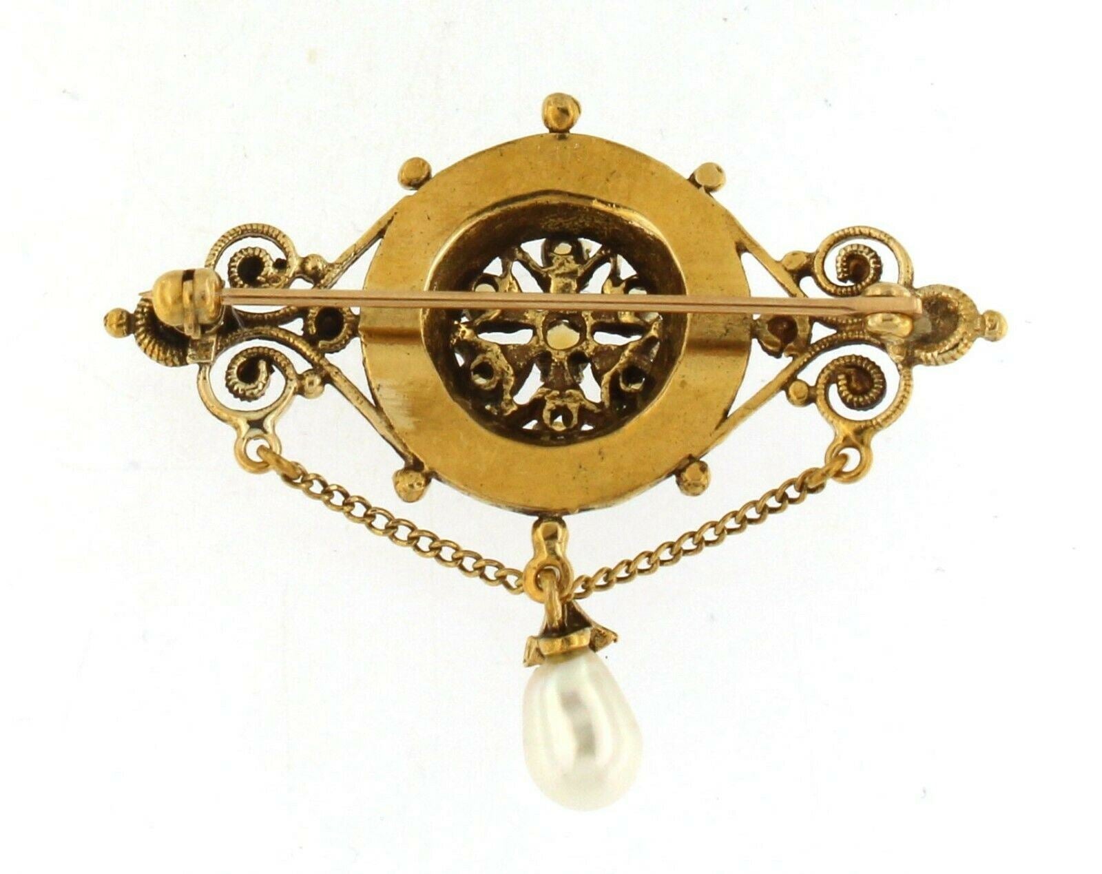 Brooch with Citrine Stones and Dangling Pearl 14k Yellow Gold