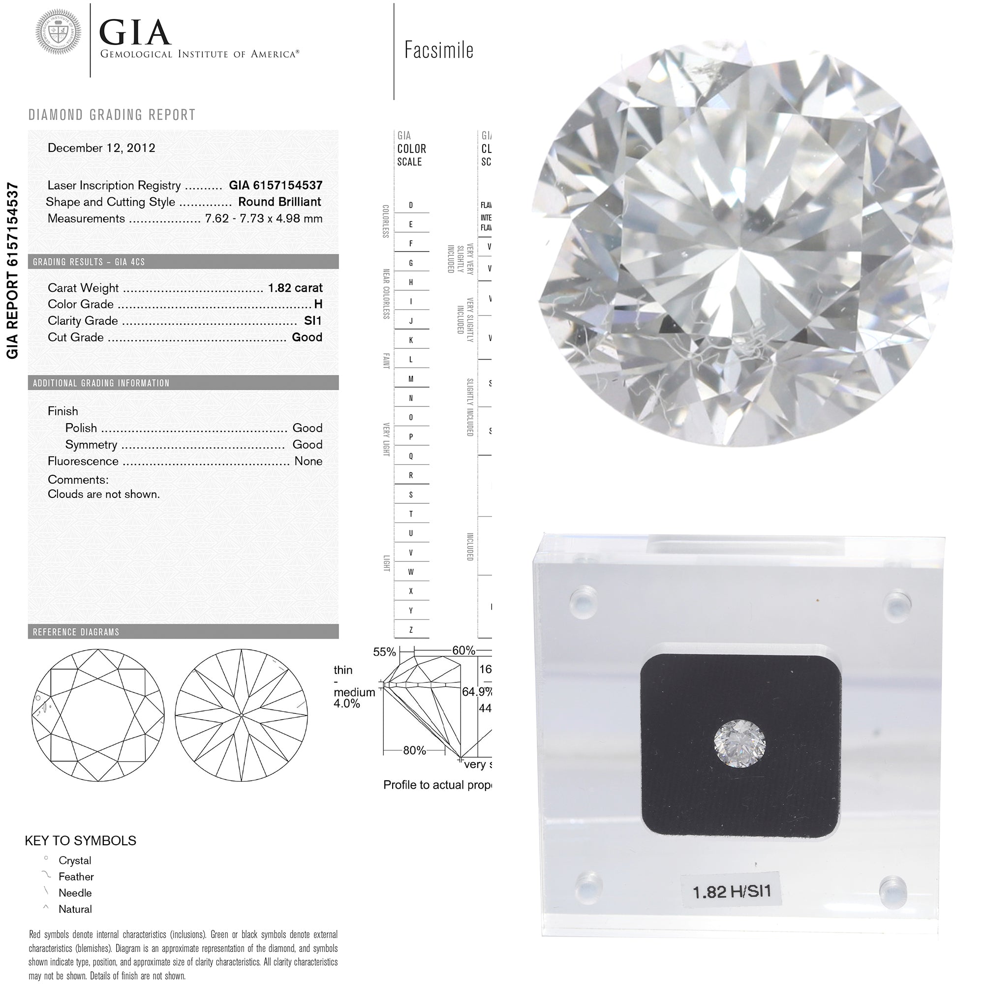 1.82CTW H SI1 GIA Round Cut Engagement Ring Loose Diamond 6157154537