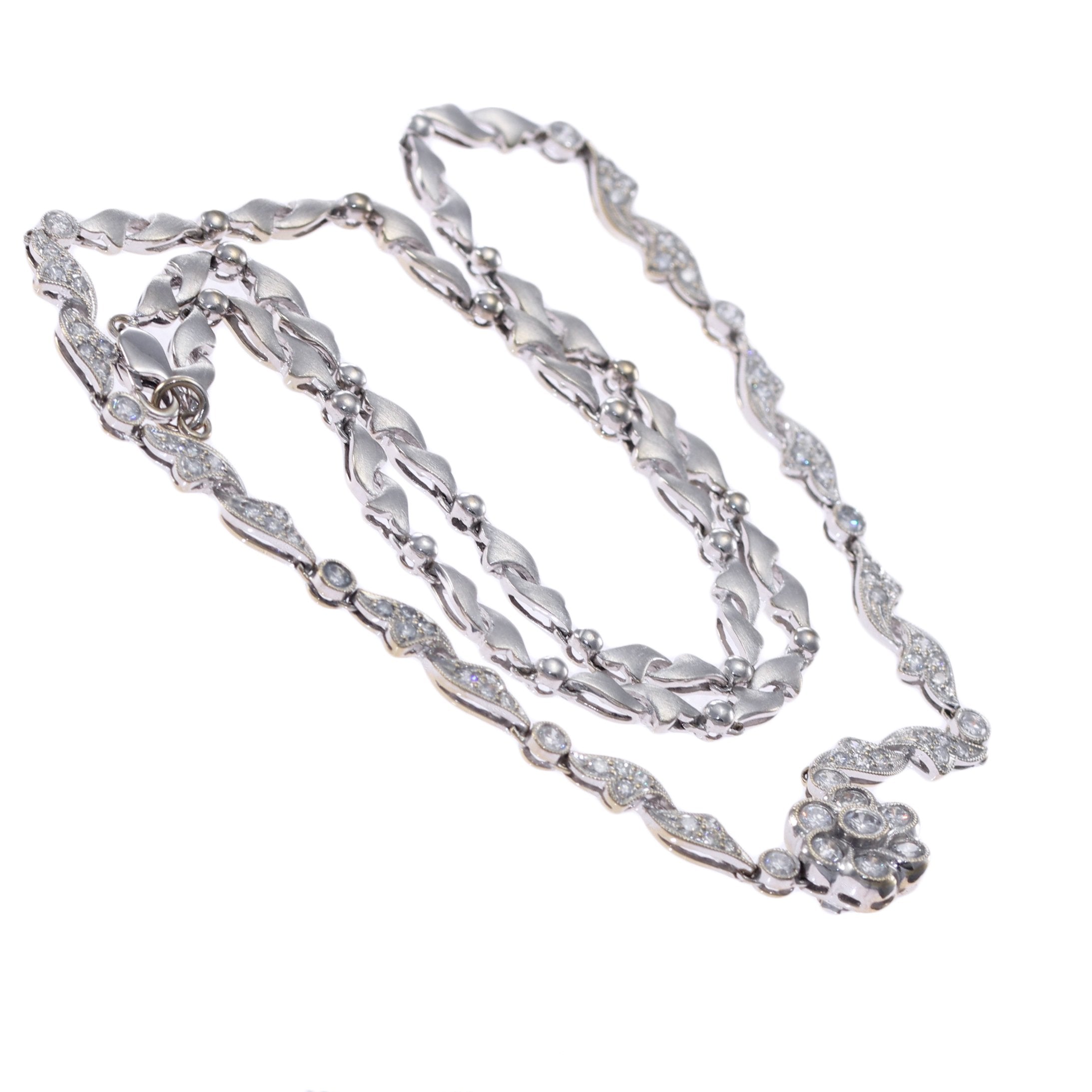 1.05CTW Diamond Flower Pendant Station Necklace 18k White Gold Fancy Ball Link Chain