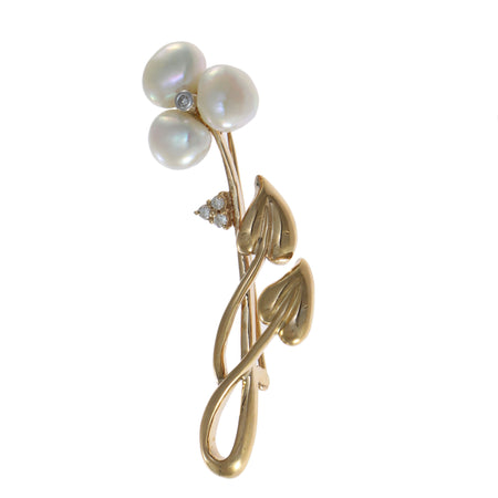 Lily Flower Baroque Pearl Diamond Brooch Pin 14k Yellow Gold Womens Vintage Estate