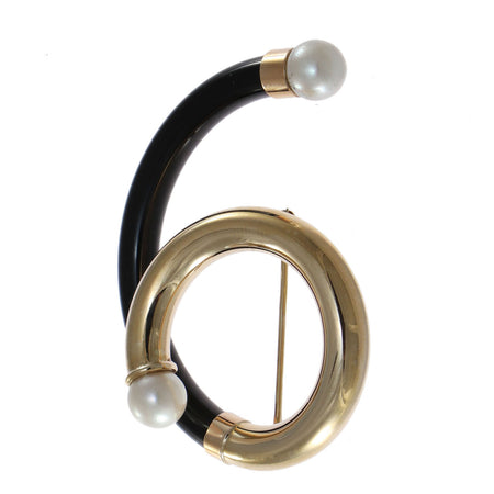Modernist Abstract Pearl Brooch Pin 14k Yellow Gold Black Enamel Italian Horn