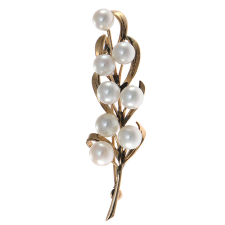 6mm Pearl Nature Tree Leaf Brooch Pin Solid 14k Yellow Gold 4.7g