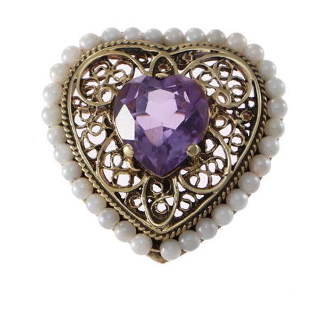 3.66CT Heart Shape Amethyst Seed Pearl Brooch Pin 14k Yellow Gold 1880s Antique Victorian