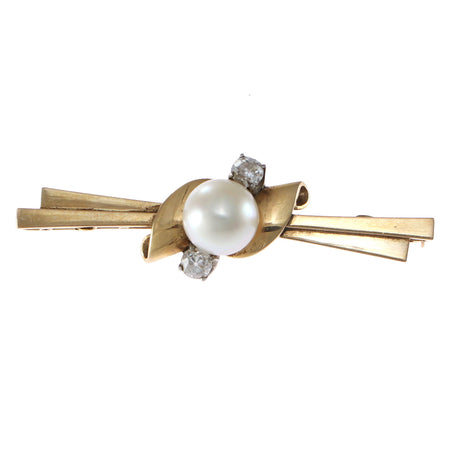 Old European Diamond Pearl Brooch Pin 14k Yellow Gold 1940s Antique Art Deco