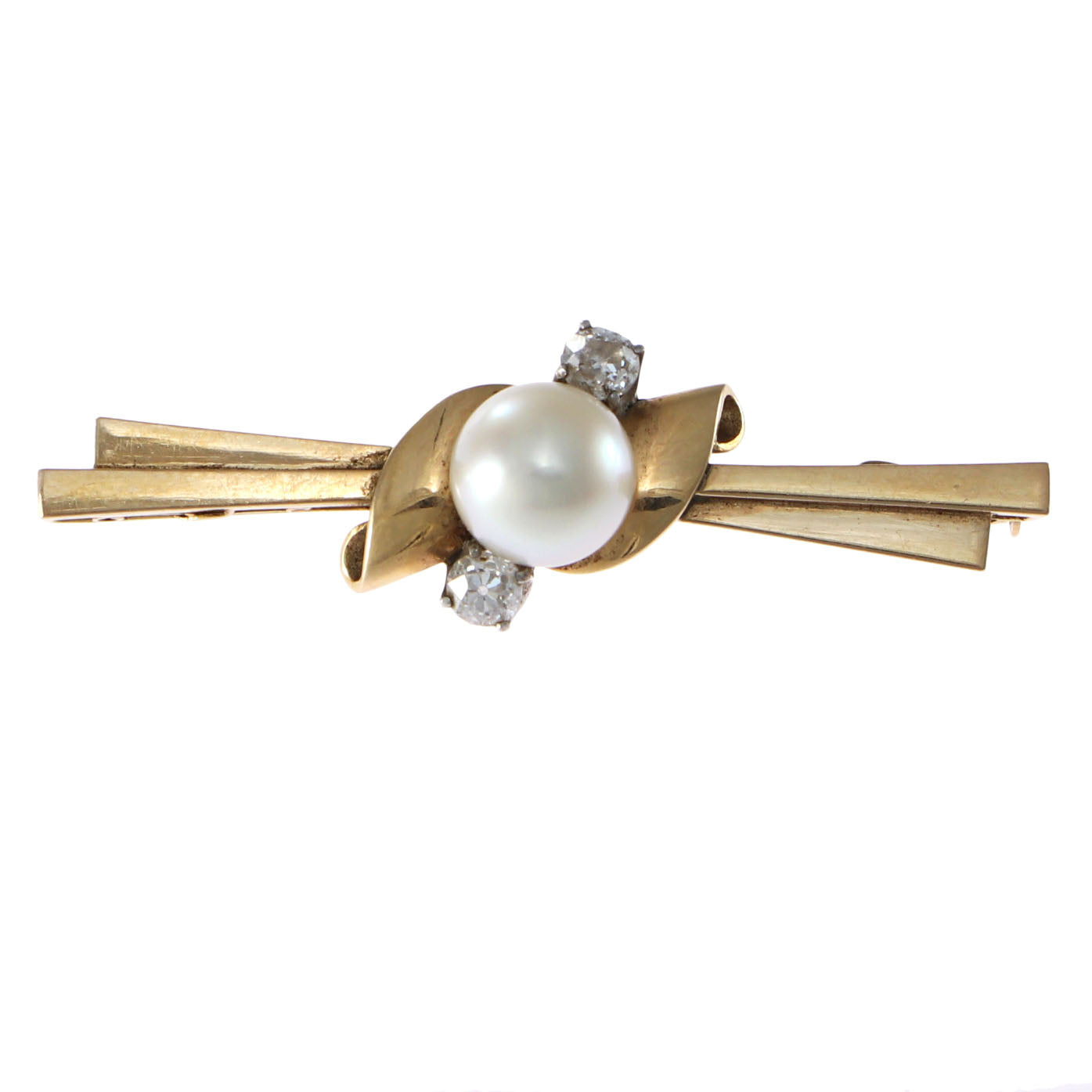 Old European Diamond Pearl Brooch Pin 14k Yellow Gold 1940s Antique Art Deco