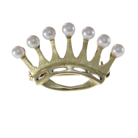 1950s Pearl Crown Brooch Pin Solid 14k Yellow Gold Vintage Estate 2.8g