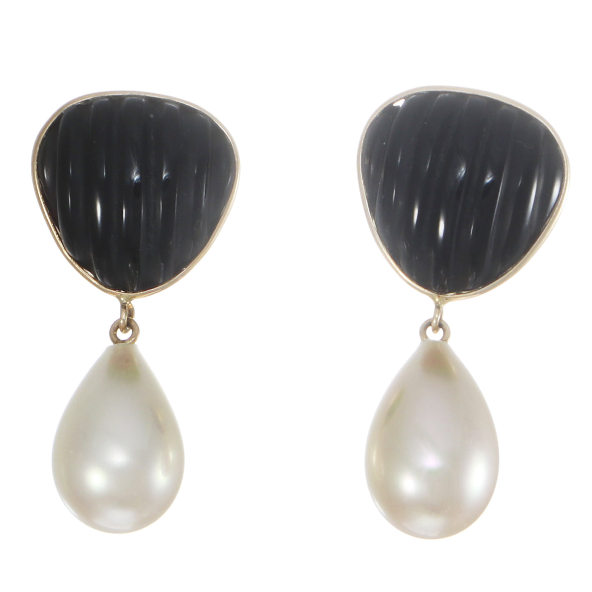 Ribbed Onyx Teardrop Dangle Pearl Stud Earrings 14k Yellow Gold 9.3g