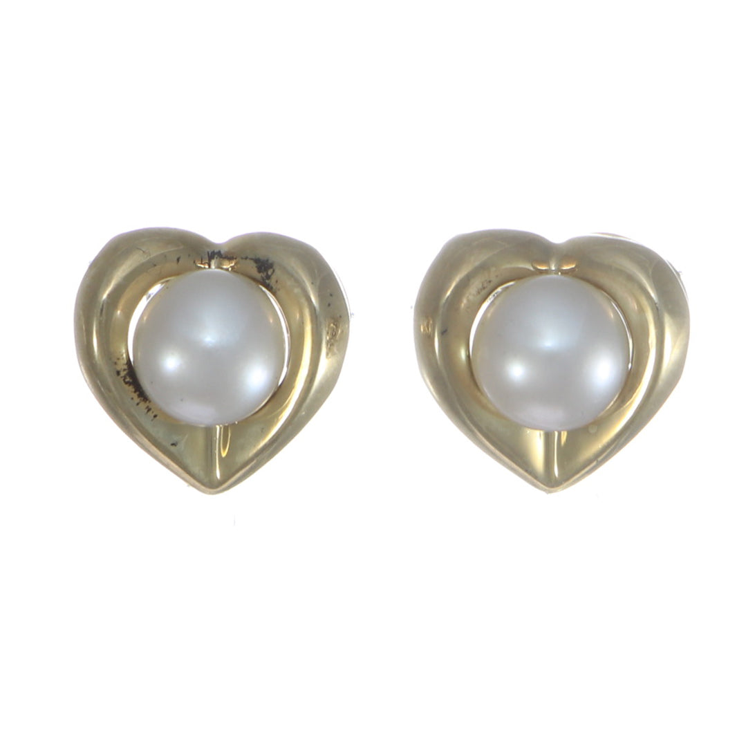 6mm Cultured Pearl Open Heart Stud Earrings 14k Yellow Gold 3.2g