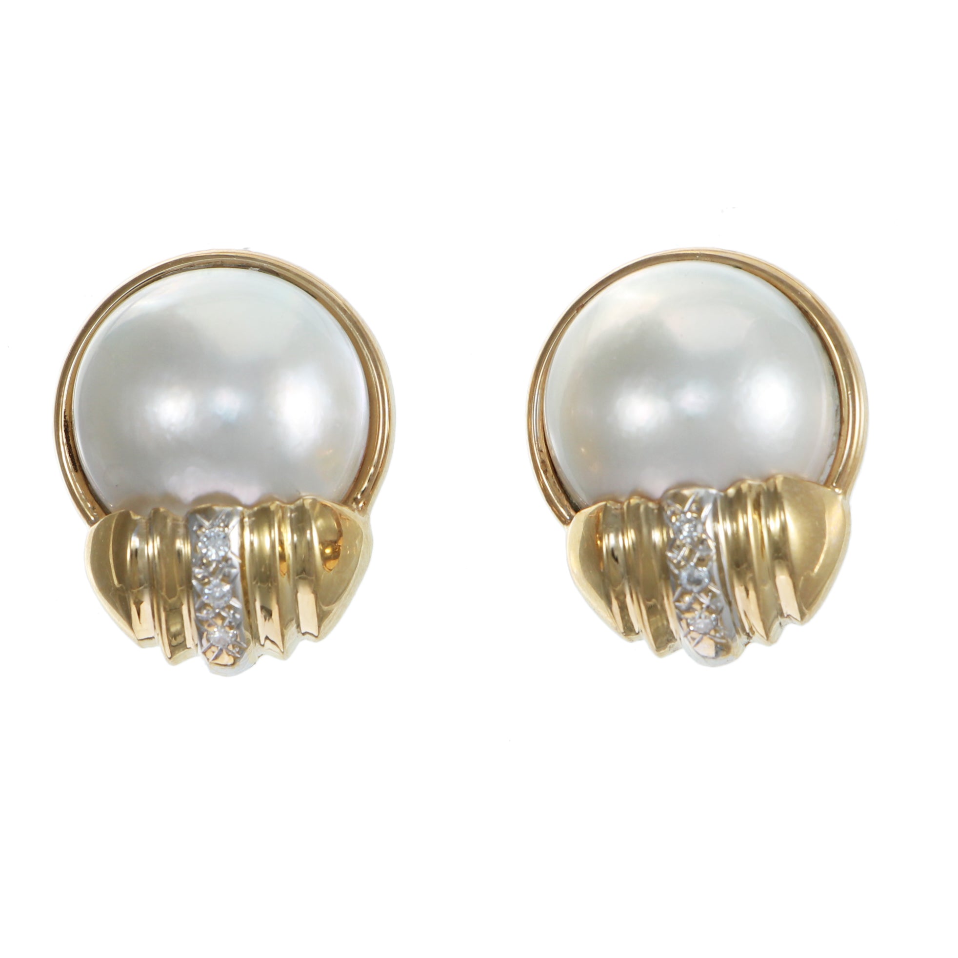 Vintage Scarab 16mm Mabe Pearl Diamond Earrings 14k Yellow Gold 10.1g