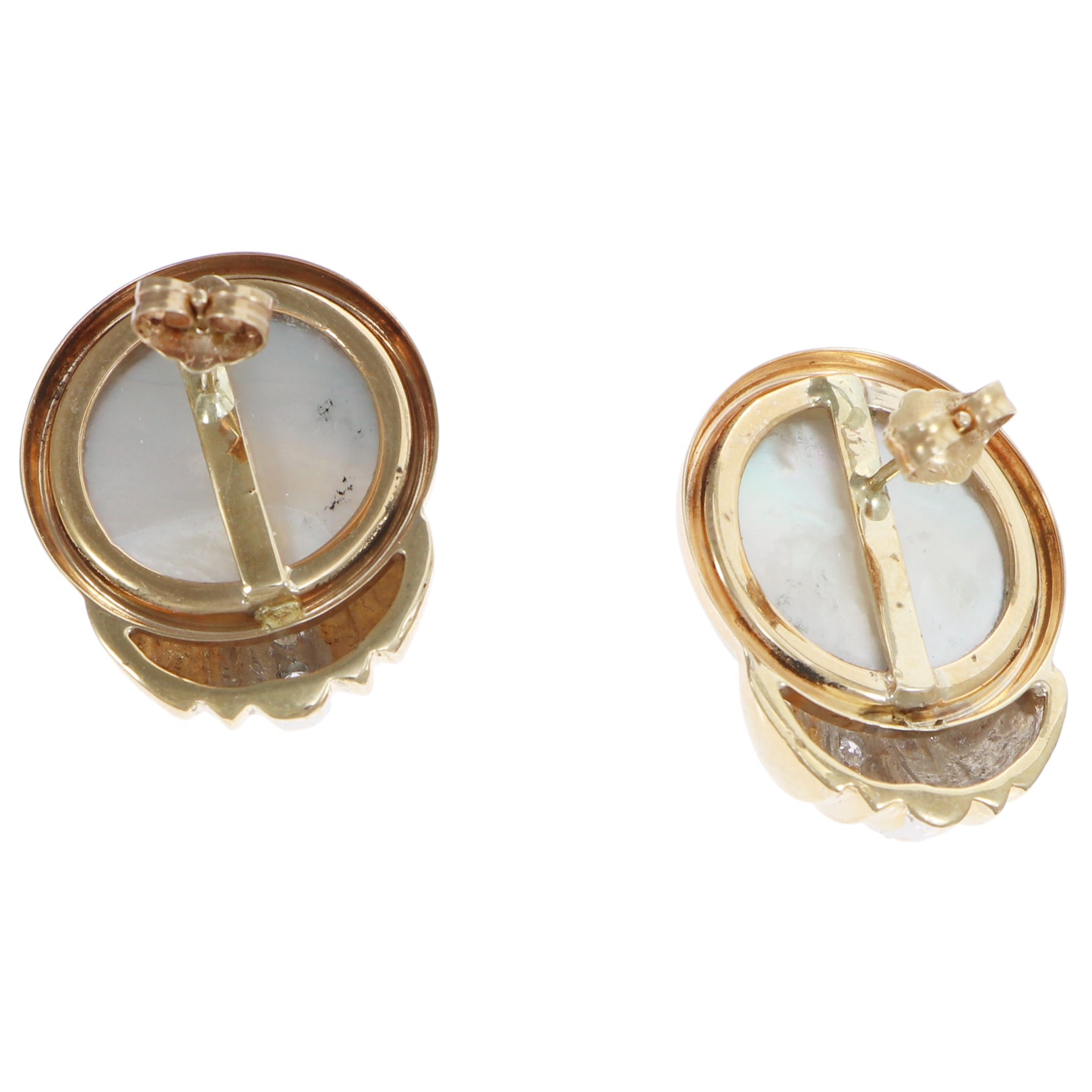 Vintage Scarab 16mm Mabe Pearl Diamond Earrings 14k Yellow Gold 10.1g