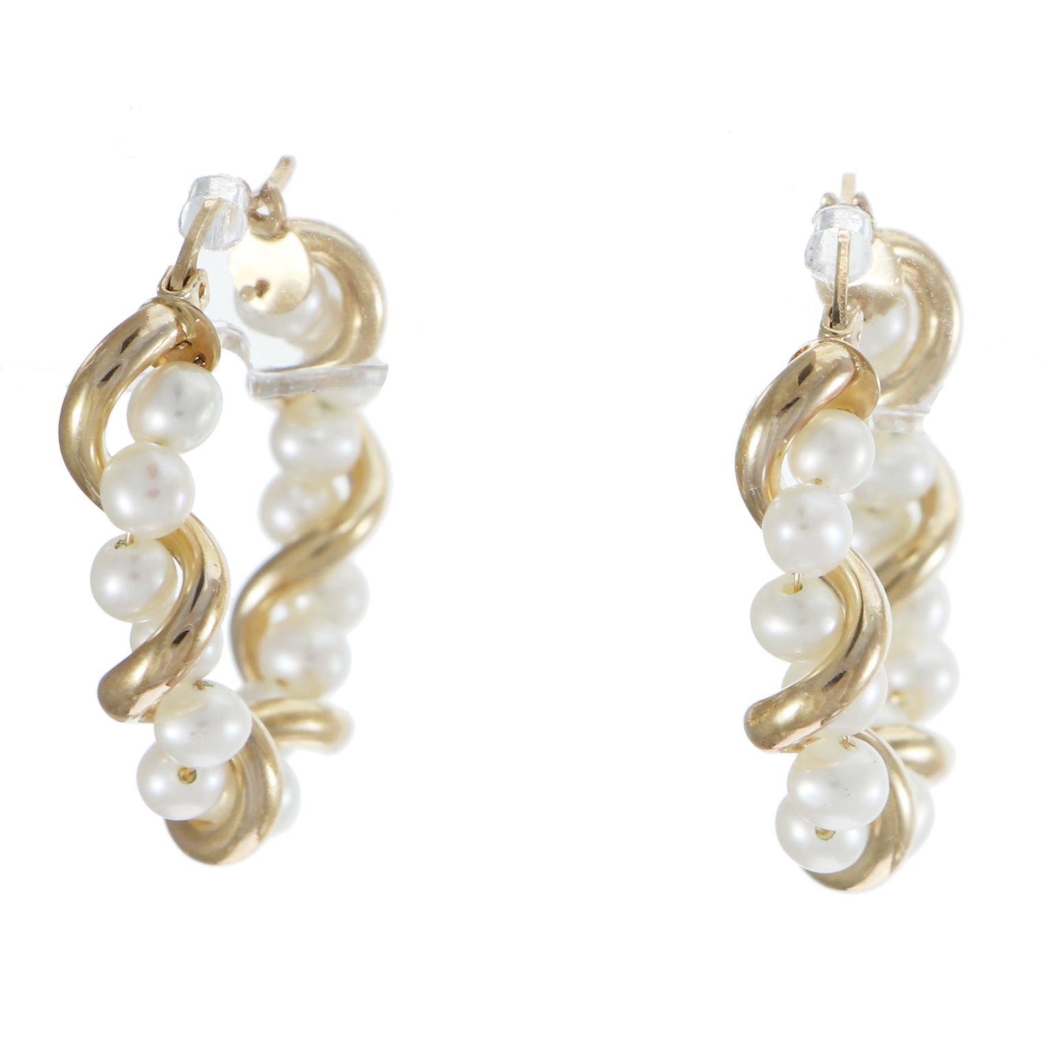 4mm Strand Pearl Hoop Earrings Solid 14k Yellow Gold 4.6g Leverback 27mm