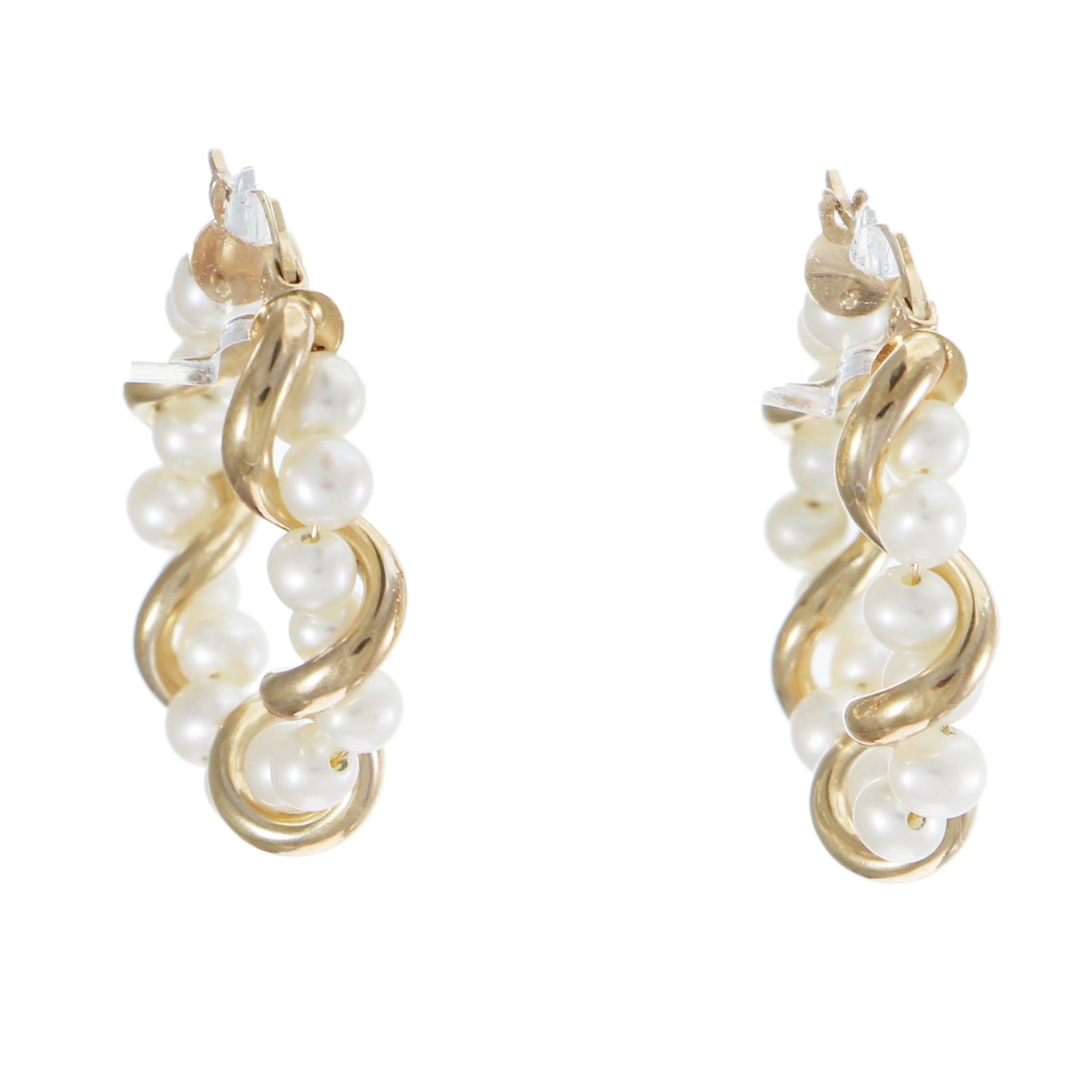 4mm Strand Pearl Hoop Earrings Solid 14k Yellow Gold 4.6g Leverback 27mm