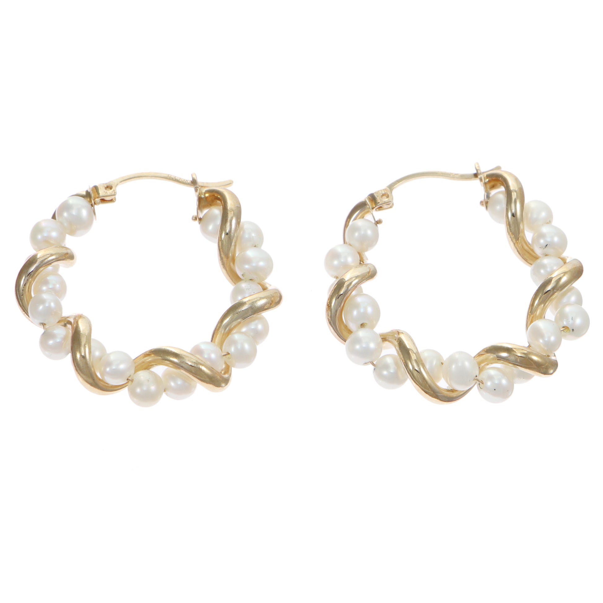4mm Strand Pearl Hoop Earrings Solid 14k Yellow Gold 4.6g Leverback 27mm