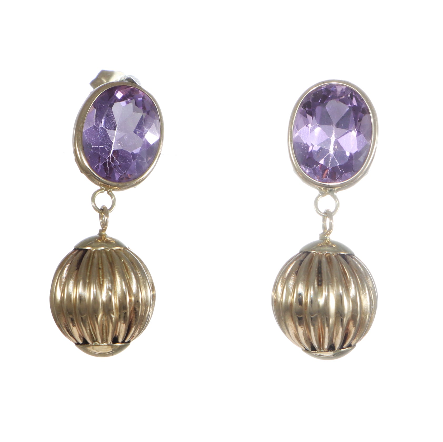 7.6ctw Oval Amethyst Drop Dangle Ball Earrings Solid 14k Yellow Gold 2.5g