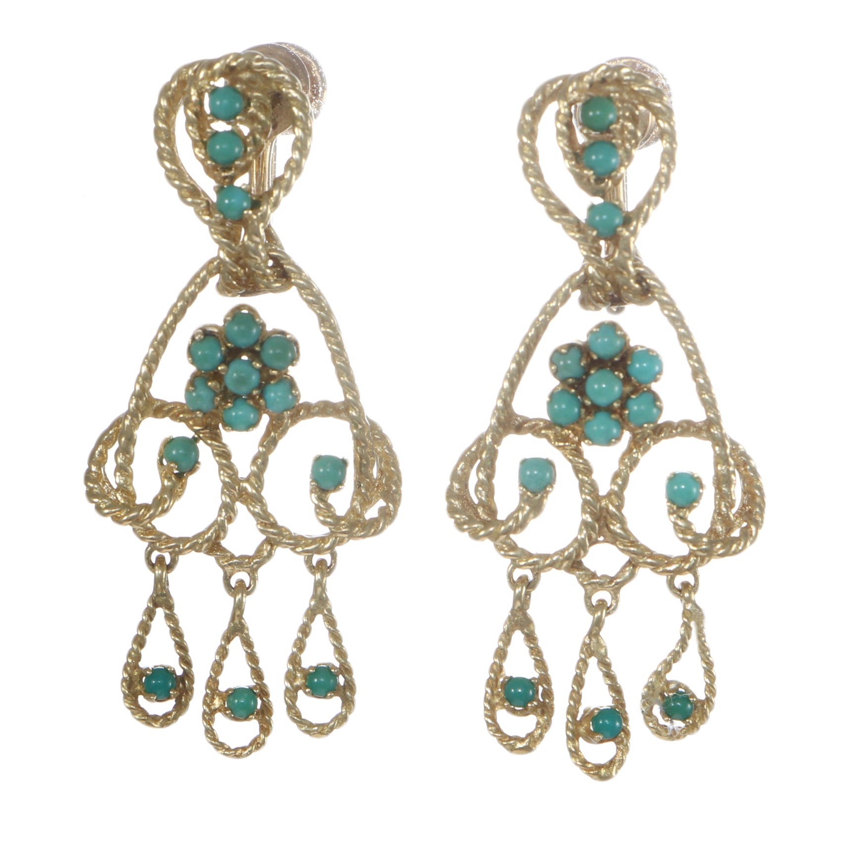 Turquoise Cluster Floral Drop Dangle Earrings Solid 14k Yellow Gold 11.7g