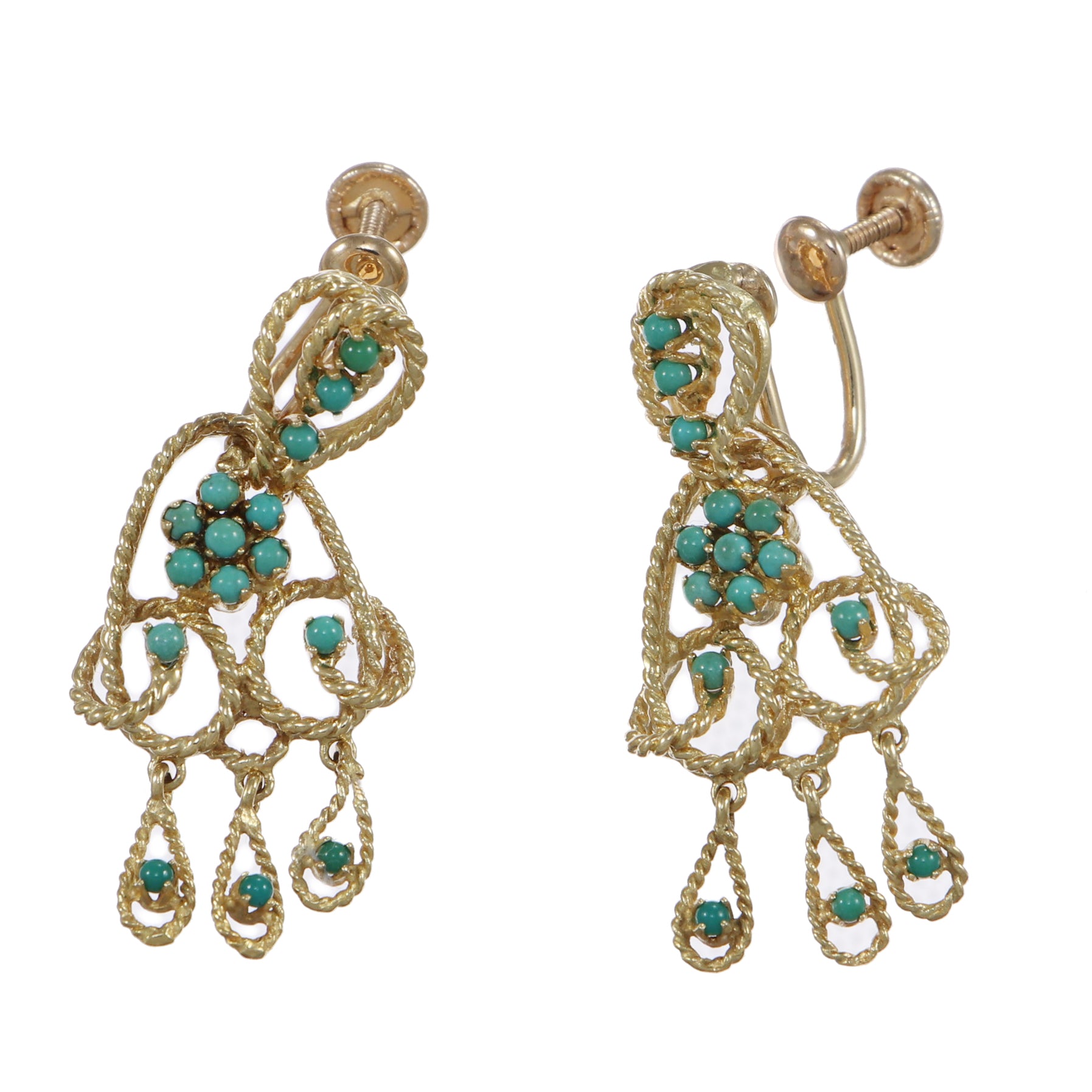 Turquoise Cluster Floral Drop Dangle Earrings Solid 14k Yellow Gold 11.7g