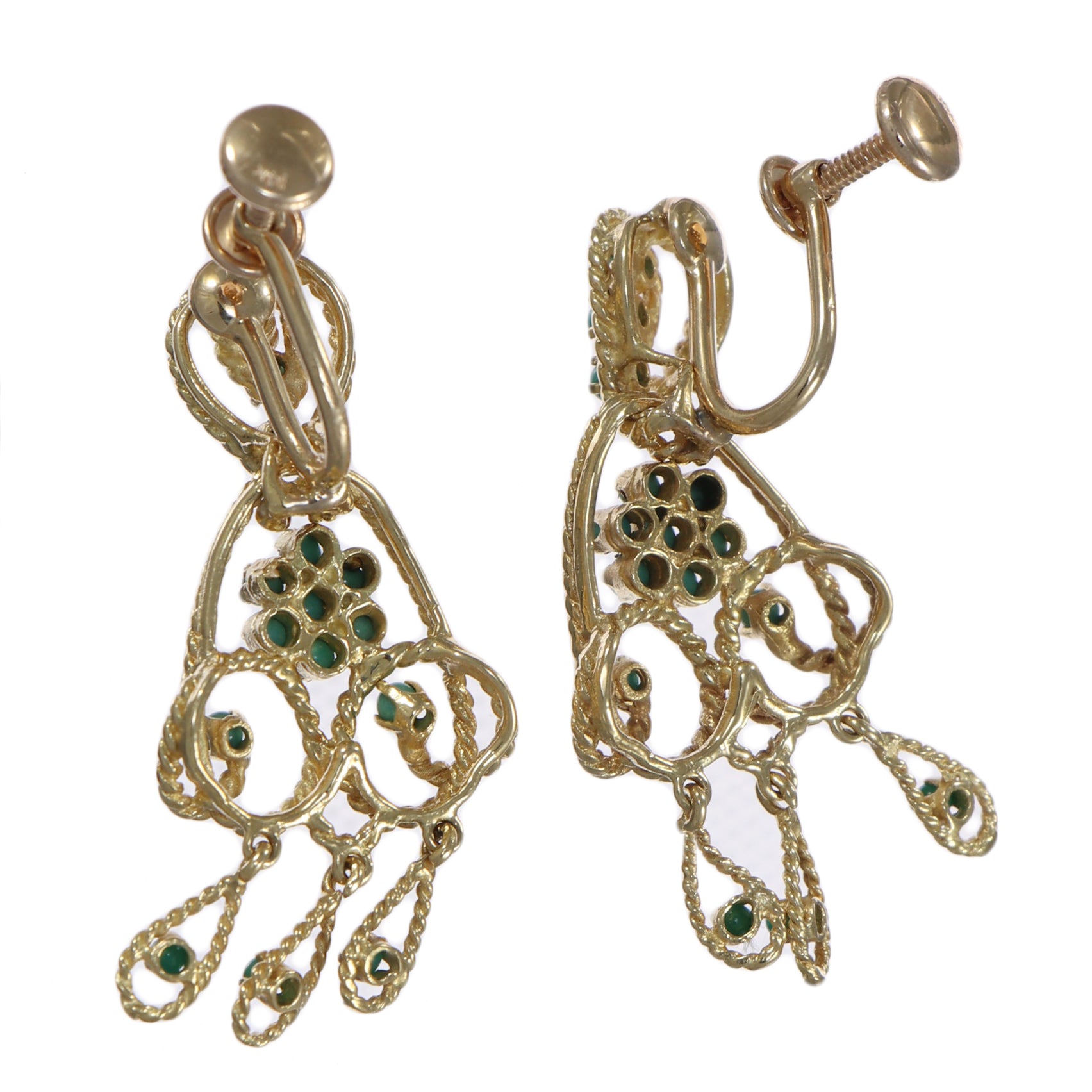 Turquoise Cluster Floral Drop Dangle Earrings Solid 14k Yellow Gold 11.7g