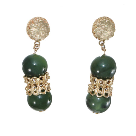 10mm Green Jade Jadeite Drop Dangle Earrings Solid 14k Yellow Gold 11.6g