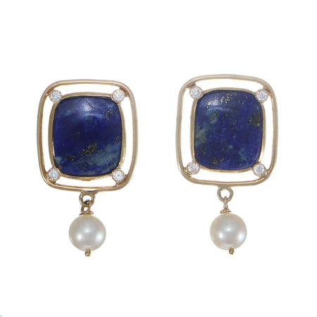 Lapis Lazuli Diamond Pearl Drop Dangle Earrings Solid 14k Yellow Gold Wide Cushion
