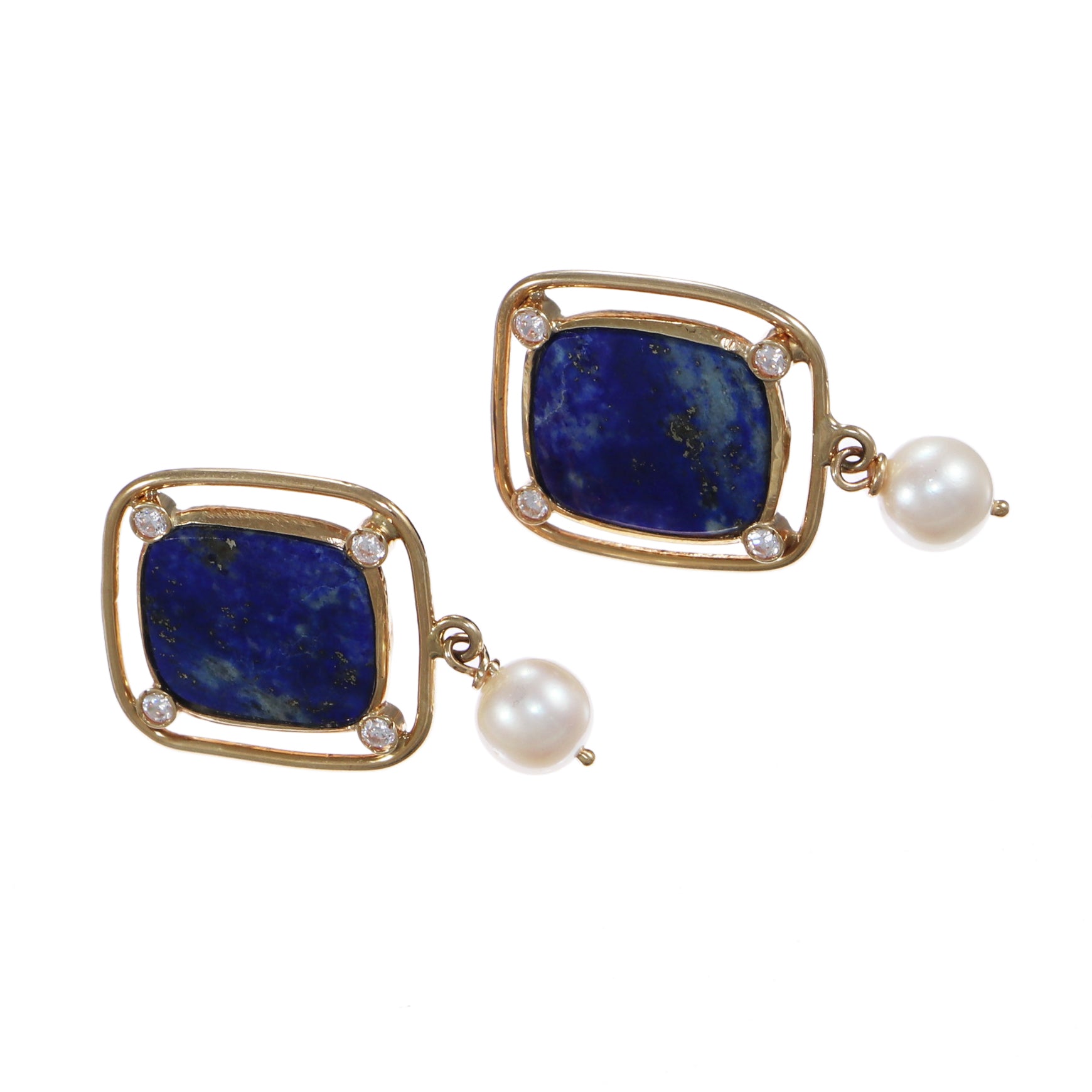Lapis Lazuli Diamond Pearl Drop Dangle Earrings Solid 14k Yellow Gold Wide Cushi