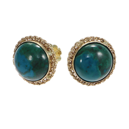 13mm Green Malachite Stud Earrings 14k Yellow Gold Womens Estate 6.8g
