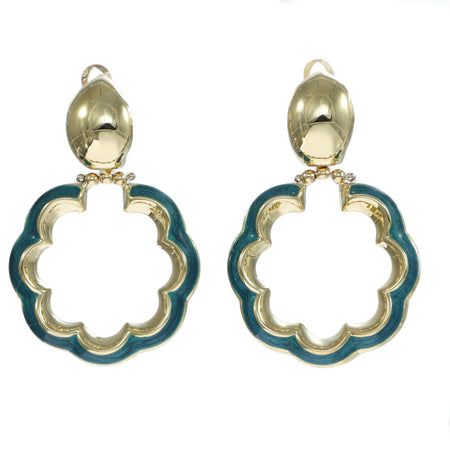 Green Enamel Large Open Pansy Flower Dangle Earrings 18k Yellow Gold 15g