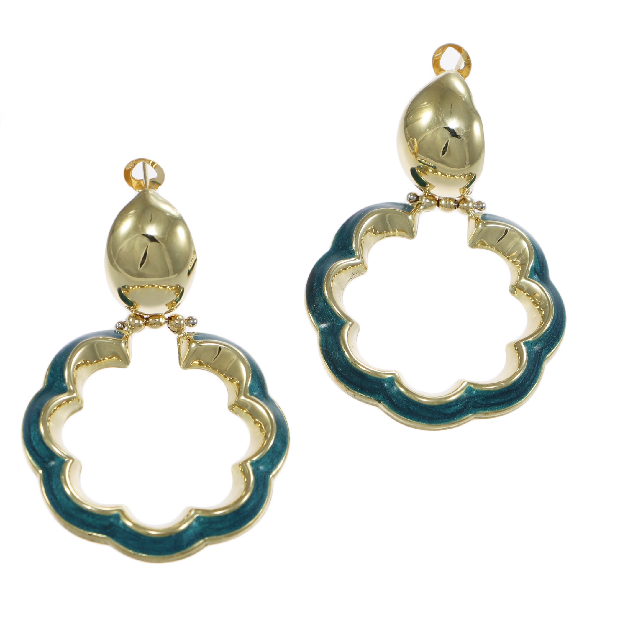 Green Enamel Large Open Pansy Flower Dangle Earrings 18k Yellow Gold 15g