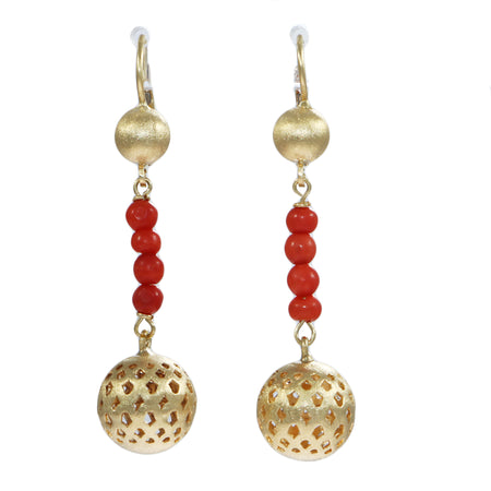 Red Coroal Ball Drop Dangle Earrings Solid 18k Yellow Gold Womens Estate 7.5g