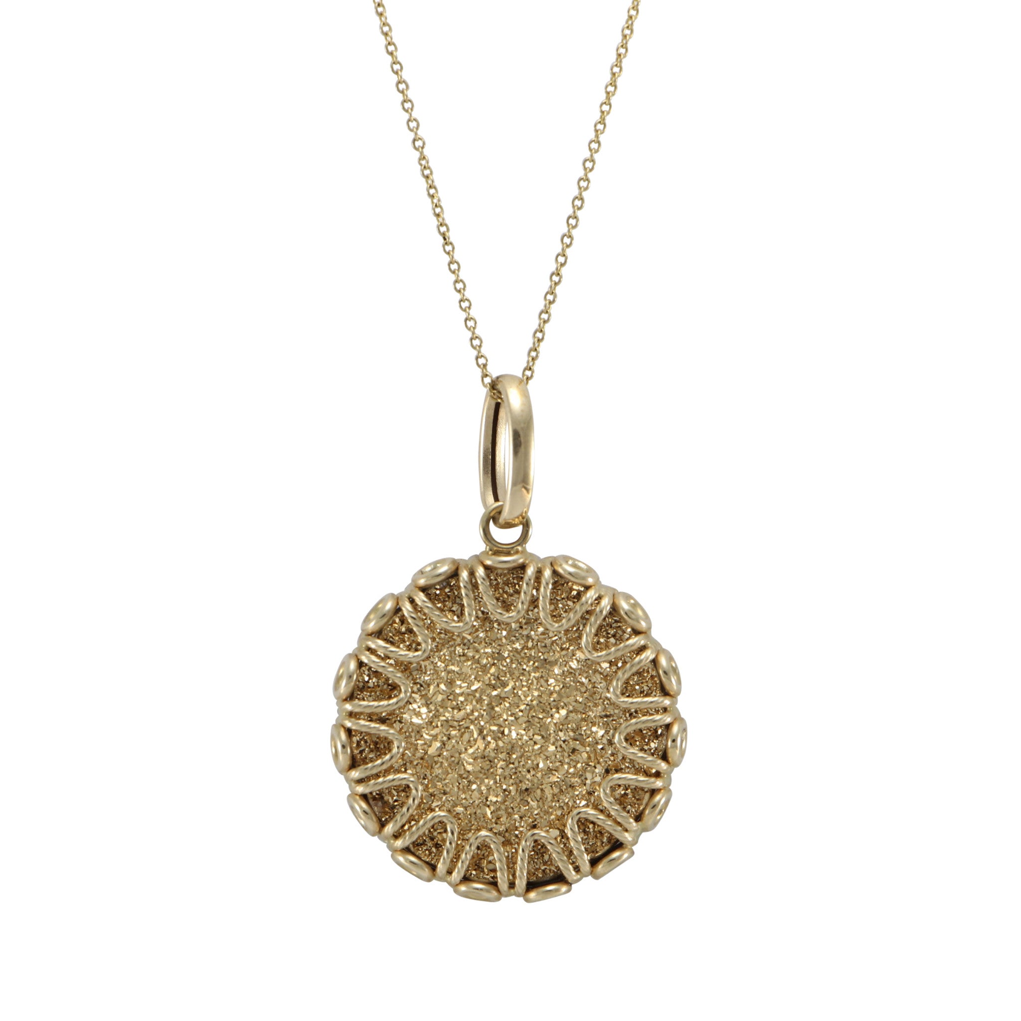 Sunflower Disc Pendant Necklace 14k Yellow Gold Cable Chain Link
