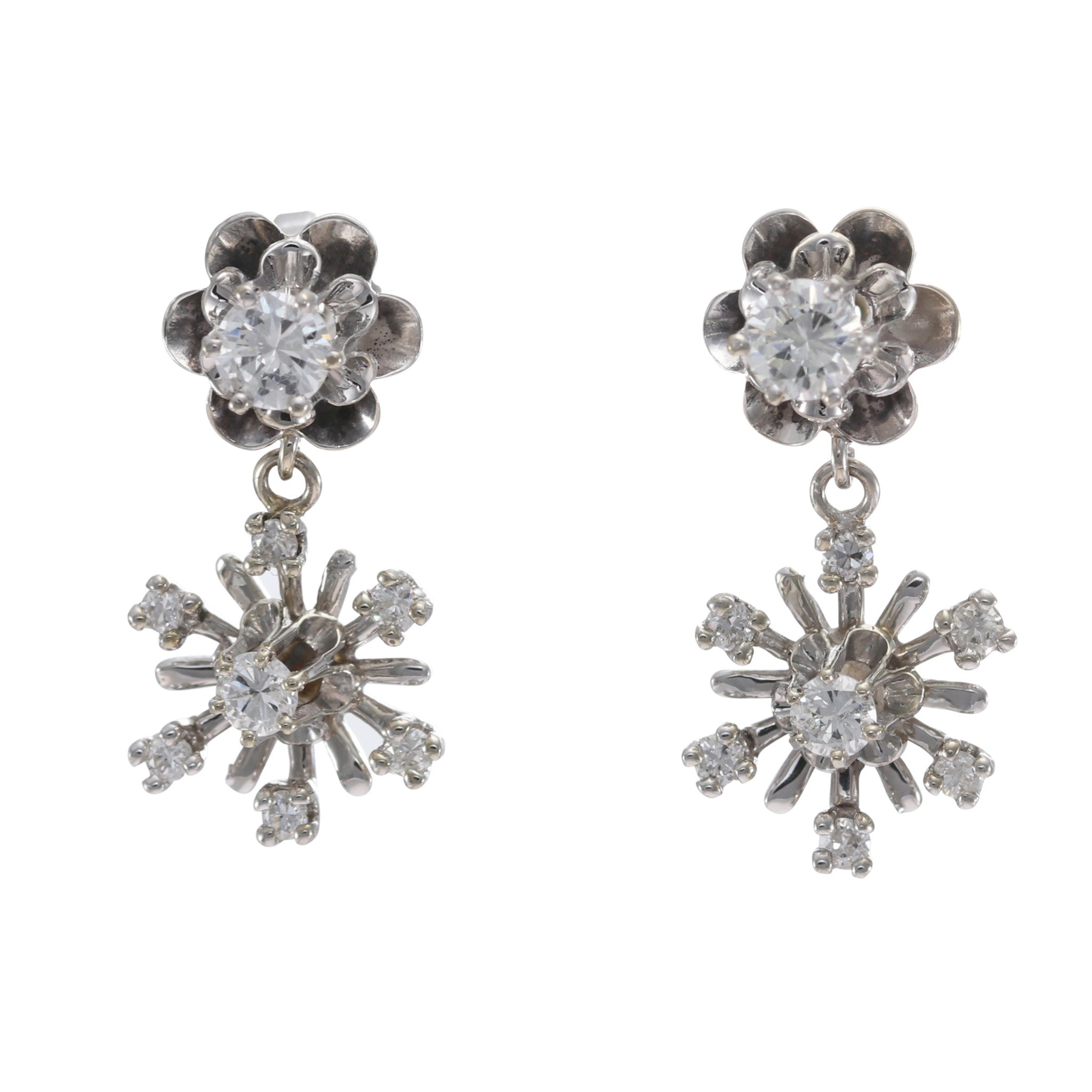 0.94CTW Diamond Dangle Flower Cluster Earrings 14k White Gold Vintage Art Deco