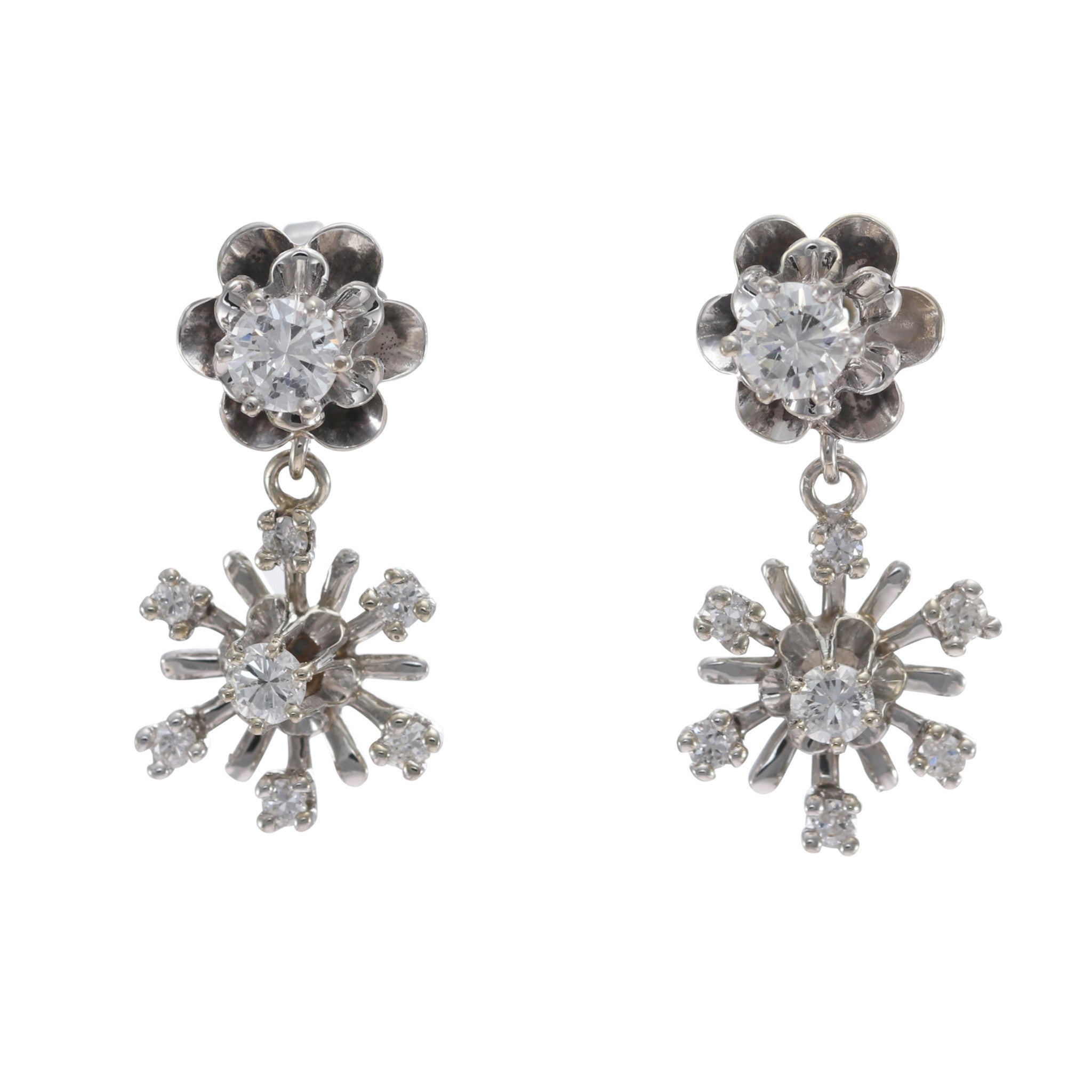 0.94CTW Diamond Dangle Flower Cluster Earrings 14k White Gold Vintage Art Deco