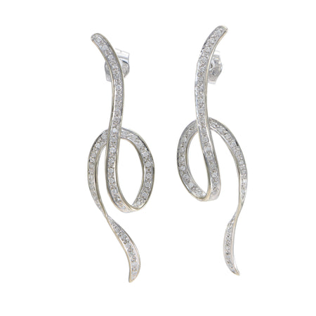 0.94CTW Diamond Spiral Dangle In Out Music Knot Earrings 14k White Gold