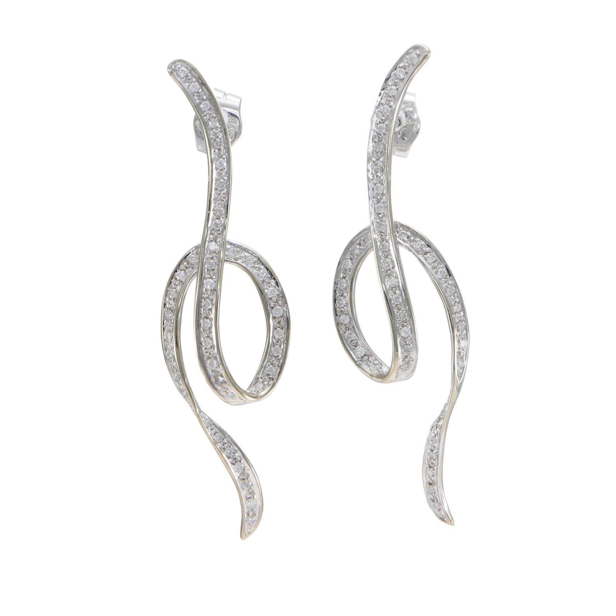 0.94CTW Diamond Spiral Dangle In Out Music Knot Earrings 14k White Gold