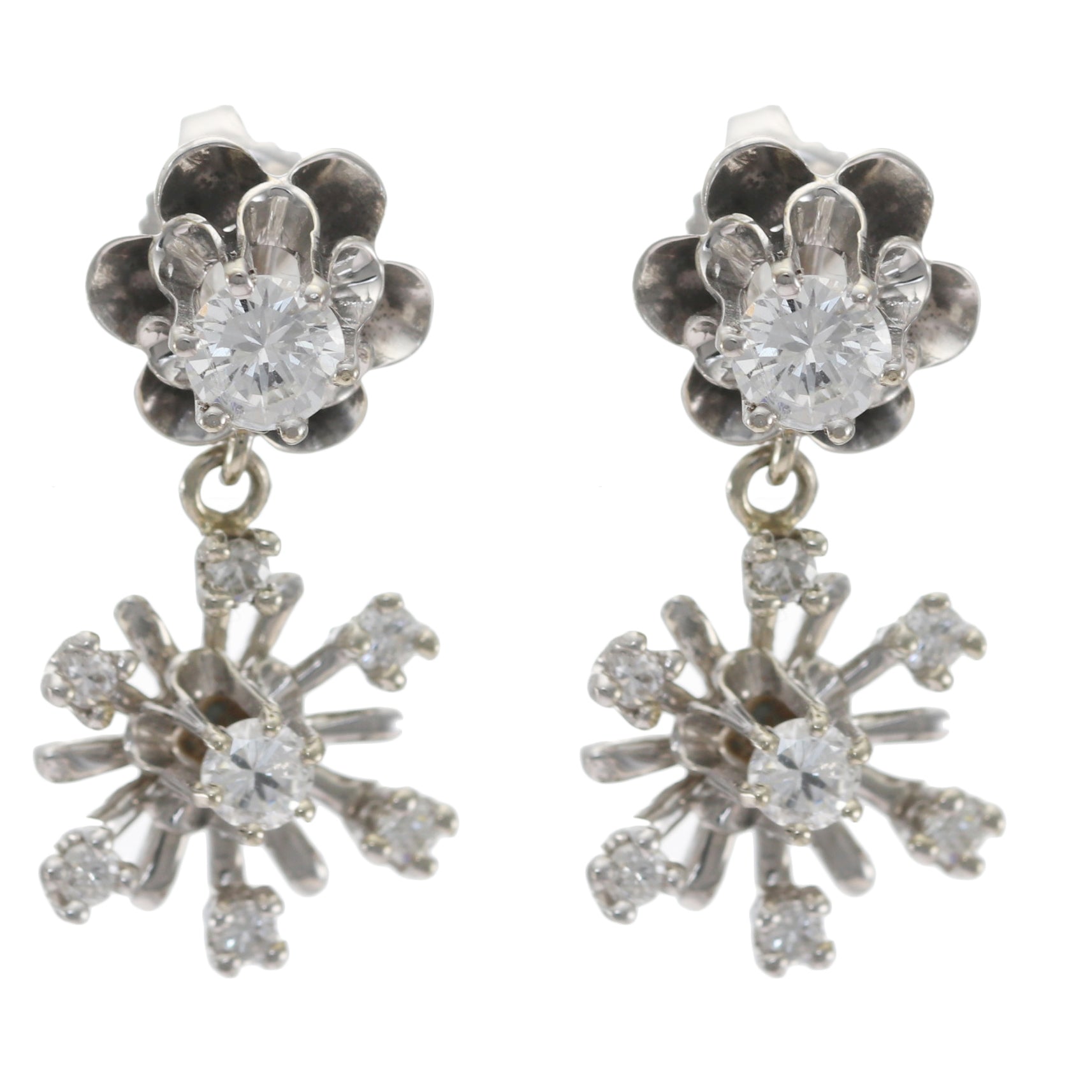 0.94CTW Diamond Dangle Flower Cluster Earrings 14k White Gold Vintage Art Deco