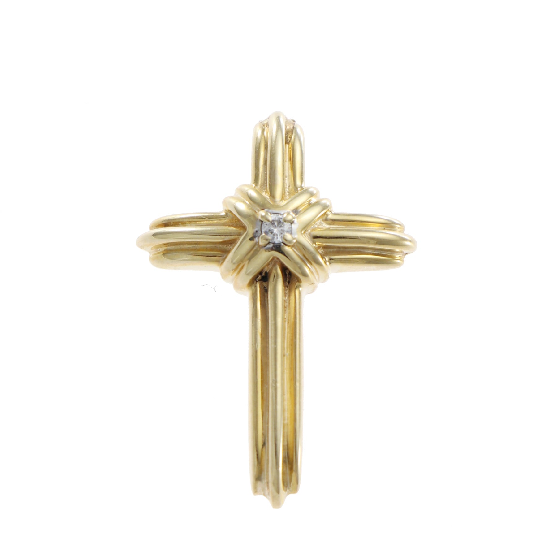 Ribbed Cross Diamond Necklace Pendant Solid 14k Yellow Gold Vintage Estate 3.00g