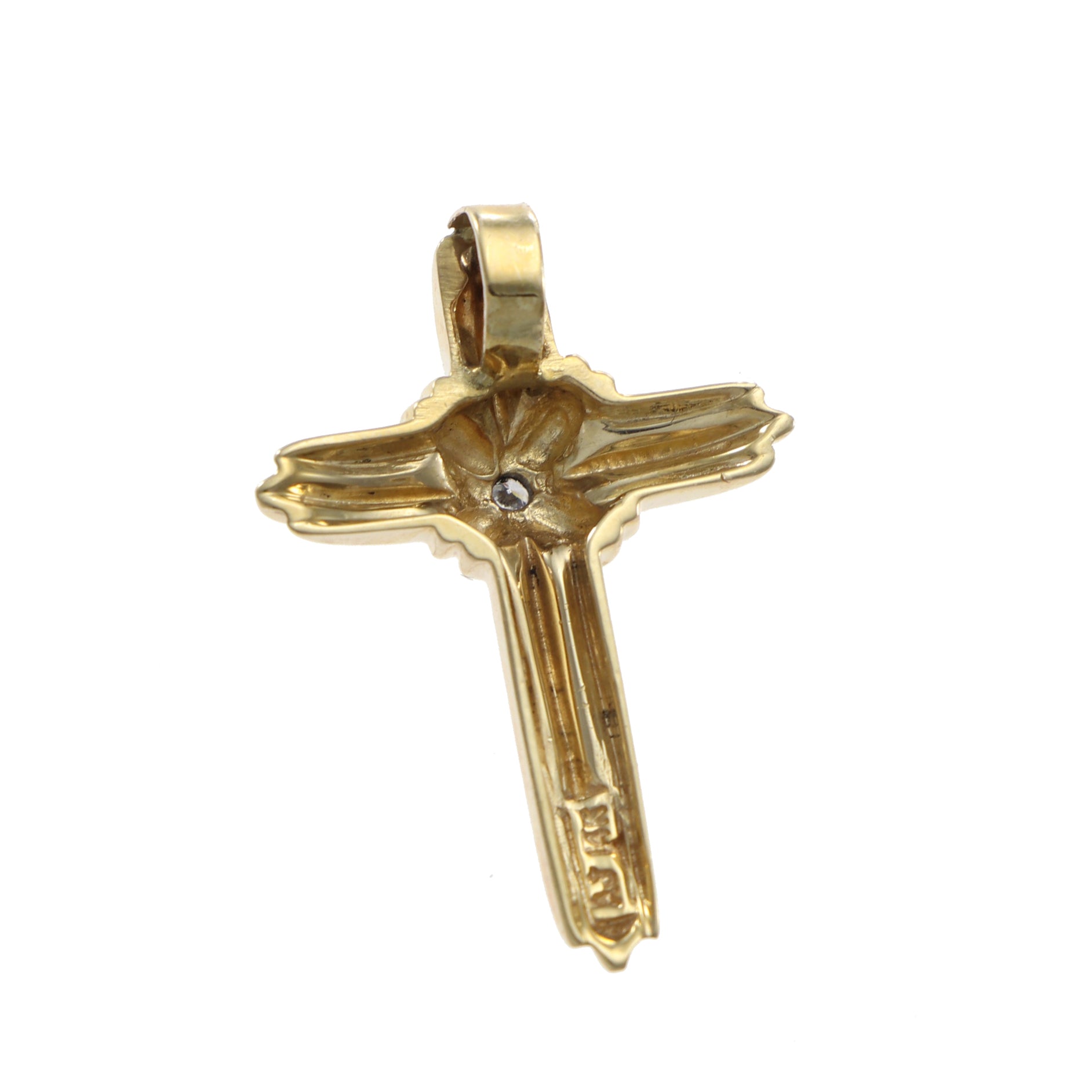 Ribbed Cross Diamond Necklace Pendant Solid 14k Yellow Gold Vintage Estate 3.00g
