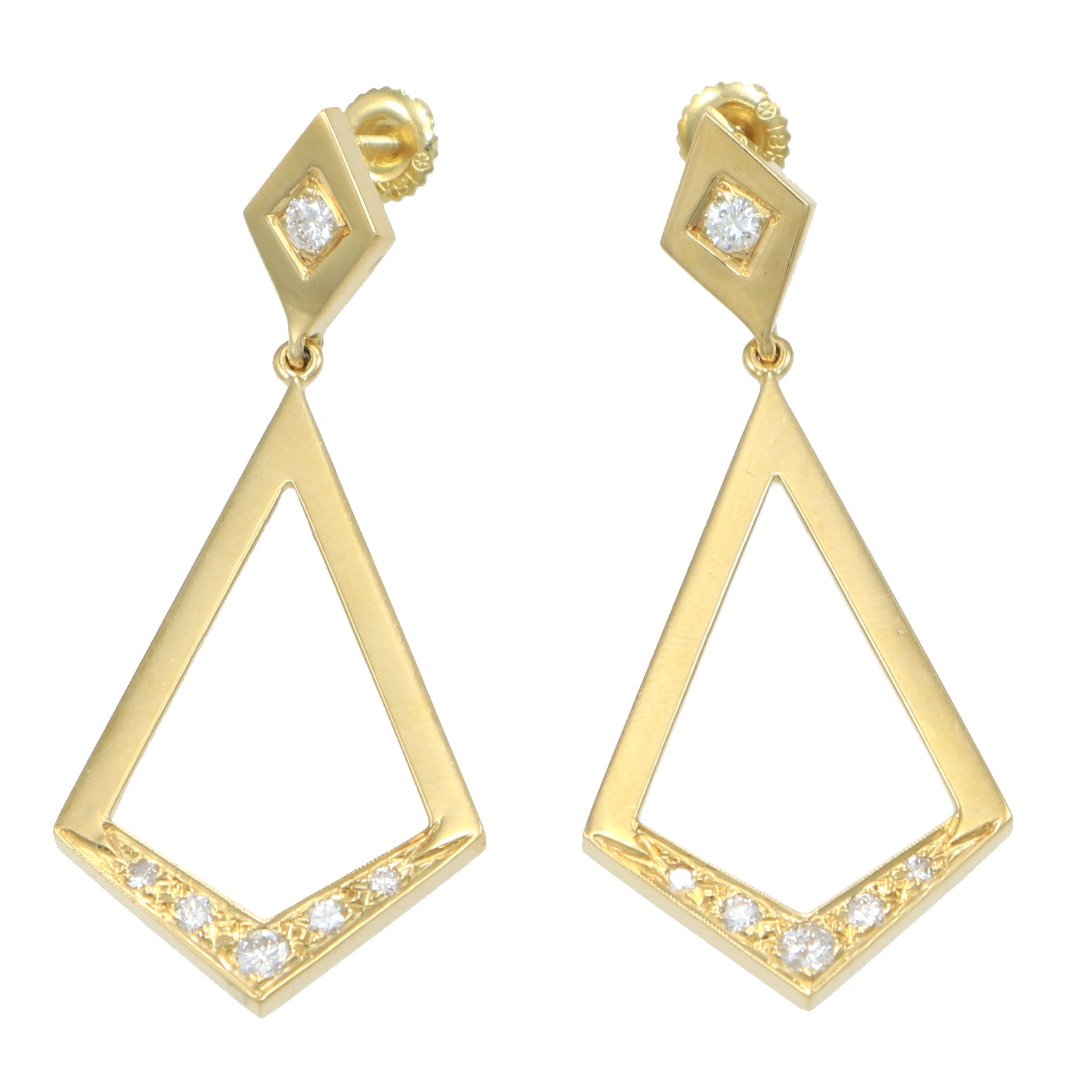 Ladies 18k Yellow Gold Hanging Diamond Drop Dangle Geometry Earrings