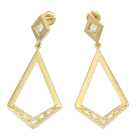 Ladies 18k Yellow Gold Hanging Diamond Drop Dangle Geometry Earrings