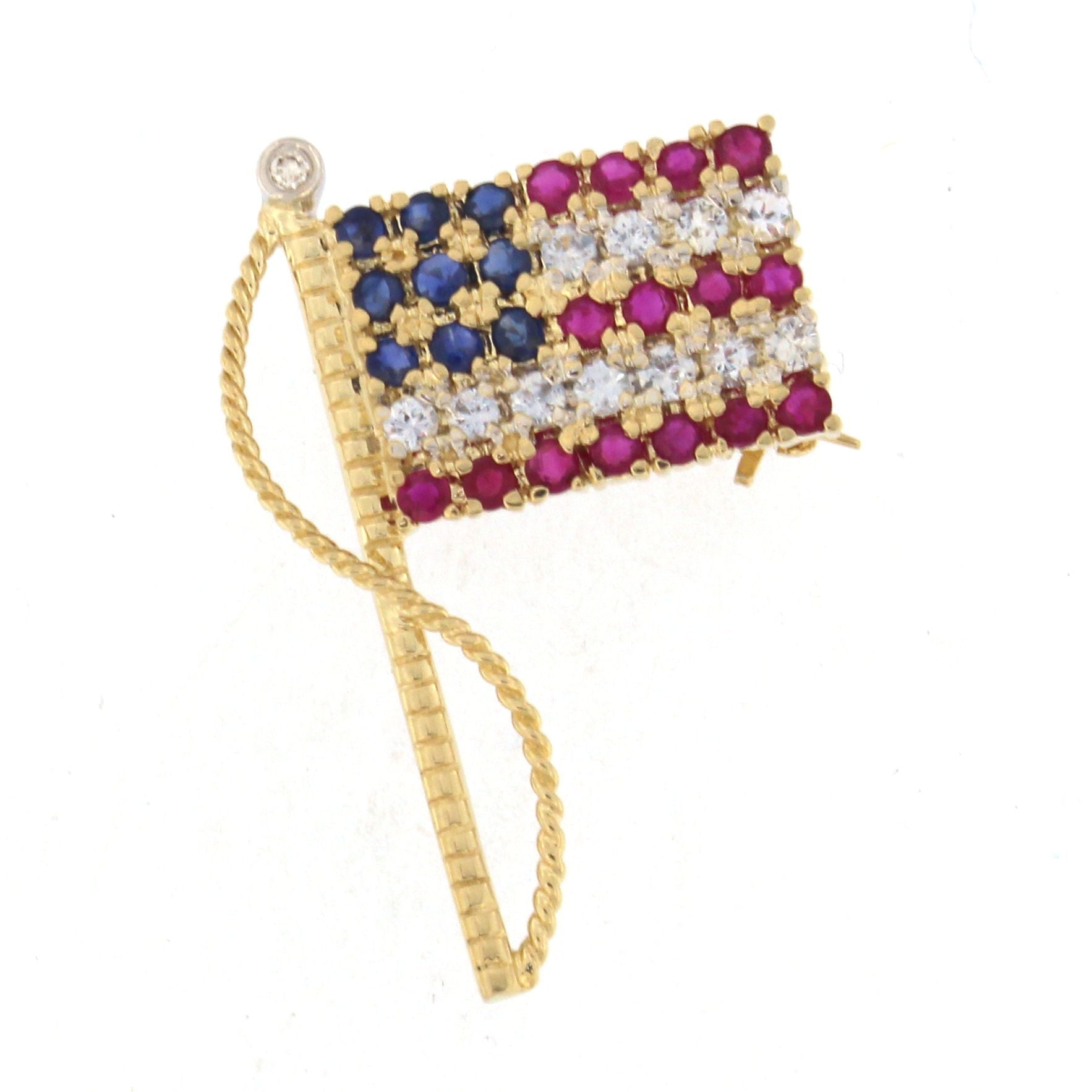 American Flag Brooch with CZ & Colored Stones 14k Yellow Gold