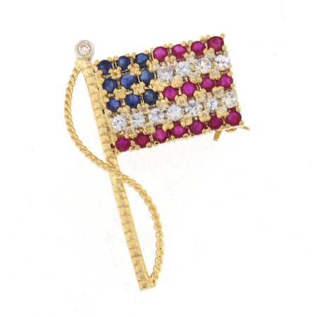 American Flag Brooch with CZ & Colored Stones 14k Yellow Gold